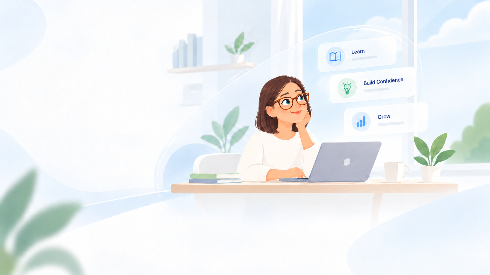 A smiling woman at her laptop beside cards for learning, building confidence, and growth.