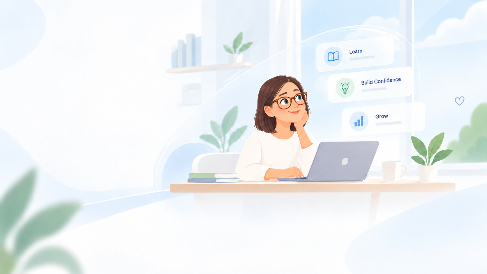 A smiling woman at her laptop beside cards for learning, building confidence, and growth.